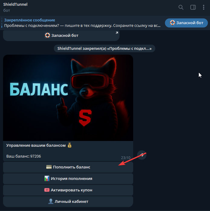 Шаг 2 — Кнопка Баланс и Пополнить баланс